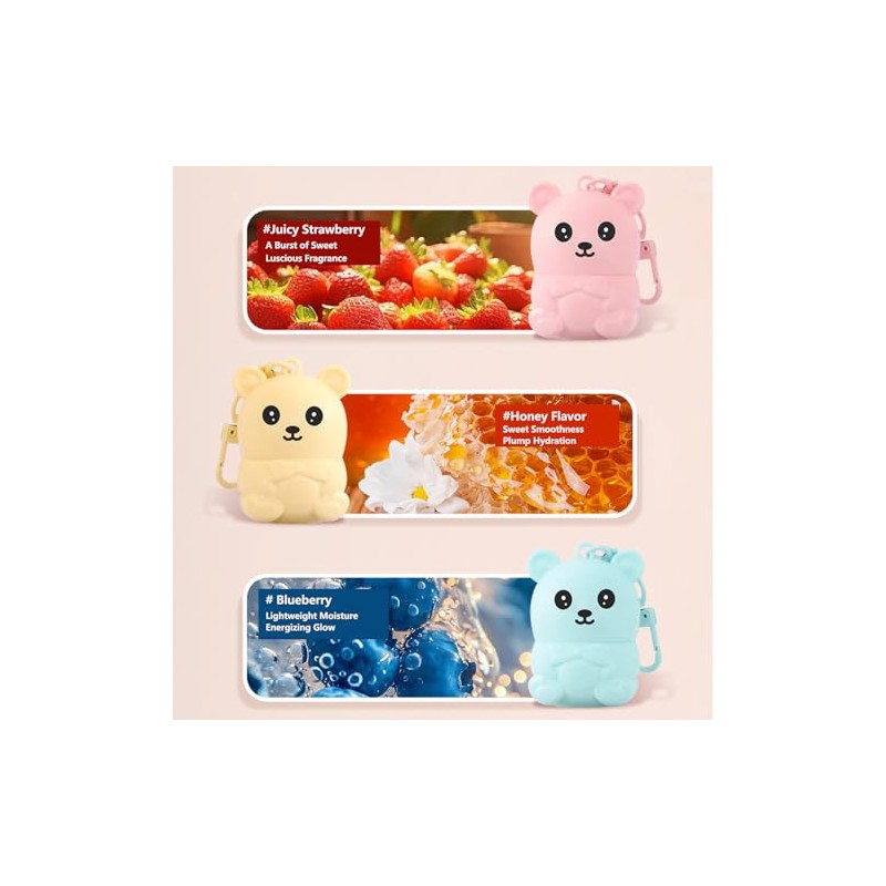 Bear Balm Keychain Trio Strawberry, Blueberry, Honey Flavored Nourish A