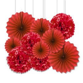 Vsosfiza Paper Decoration, Red, Hanging Paper Pompoms and Paper Fans, Red, Tissue Paper Pompoms and Paper Fans for Wedding, Birthday, Party (Pack of 10)