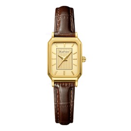 RioFoior Gold Watches for Women-Rectangular Case Minimalist Dial,Comfortable Leather Strap,Water Resistant（Gold-Brown）
