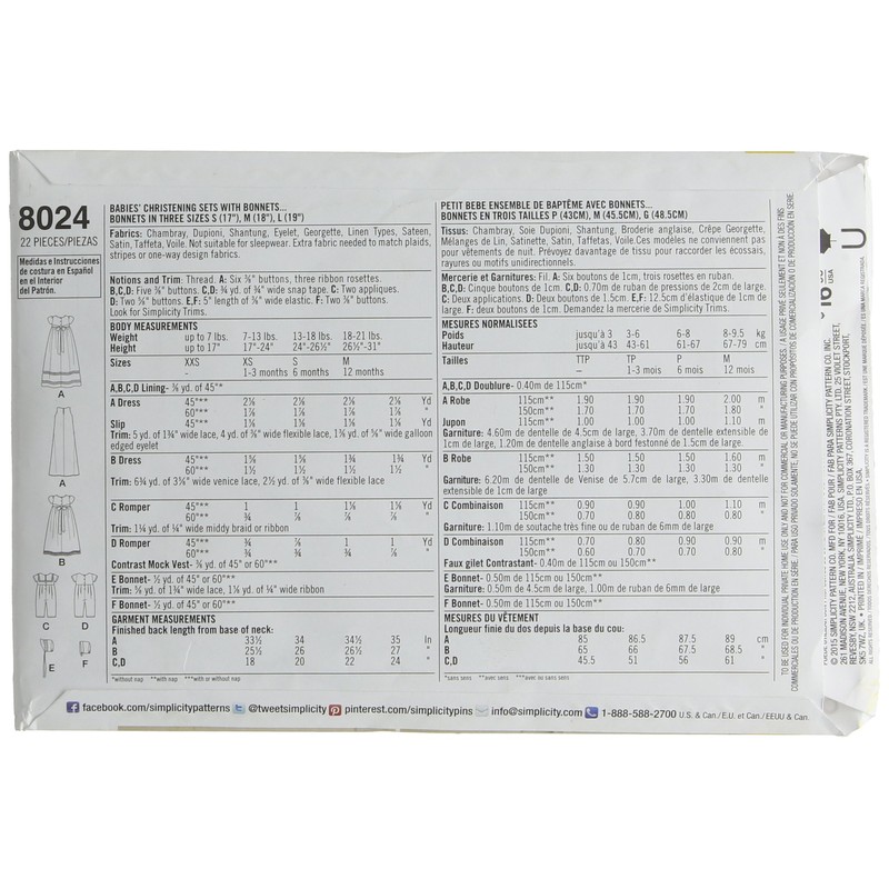 Simplicity Patterns Babies' Christening Sets with Bonnets Size: A (XXS-Xs-S-M),