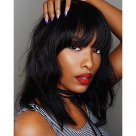 JOLNVCA Black Short Bob Curly Wigs with Hair Bangs Wavy Wigs for Women Girls Shoulder Length Heat Resistant Synthetic Wig Daily Party Cosplay Wig 14 Inch