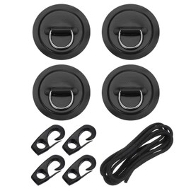 PATIKIL D-Ring Patch, 4 Pcs Stainless Steel D-Ring PVC Patch Pad No Glue Include with 8.2ft Elastic Cords and Hooks for Inflatable Boat Paddle Board Canoe Surfboard, Black