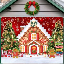 7x8 FT Christmas Garage Door Cover, Gingerbread House Garage Door Banner Decorations, Large Christmas Garage Door Banner Backdrop, Xmas Outdoor Party Decorative Supplies