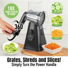 Rotary Cheese Grater with Handle, Cheese Grater Hand Crank, Fast Cutting Grater for Kitchen with 3 Interchangeable Blades, Vegetable Slicer, Cheese Shredder with Suction Cup Base, Dishwasher Safe