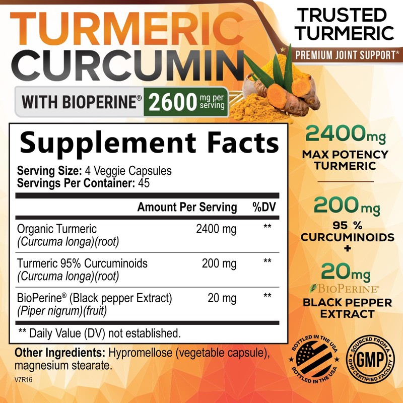 Turmeric Curcumin Supplement 2600mg - 95% Curcuminoids with Organic Turmeric