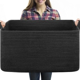 OIASKET 70L Large Blanket Basket, 21.6" x 16.9" x 11.8" Woven Storage Basket for Living Room, Nursery Blanket Storage for Toys, Towels, Dirty Clothes (Black)