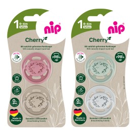 Now even more tooth-friendly: nip Cherry dummy, flat teat in cherry shape made of natural rubber, breastfeeding-friendly, BPA-free, sustainable, 0-6 months, pack of 4, red/grey