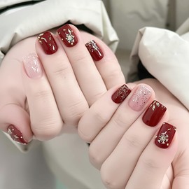 NEURAD Nail Tips, 24 Pieces, Short, Red, Gold Snow, Sparkle, New Year, Autumn and Winter, Nail Stickers, Popular, Japanese Style, Cute, Simple, Stylish, Coming-of-Age Ceremony, School Entrance