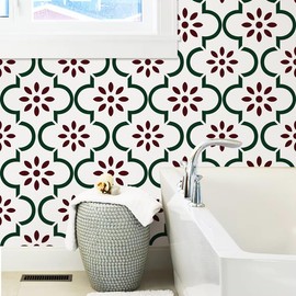 Nukofal Floral Peel and Stick Wallpaper Floral Contact Paper Modern 16.9inchx196.8inch Waterproof Red Green Wallpaper Self Adhesive Removable Contact Paper for Kitchen Bathroom Drawer Decorative