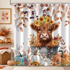 Moonslim Fall Highland Cow Pumpkin Shower Curtain, Autumn Maple Leaves Floral Harvest Thanksgiving Bath Curtain for Bathroom Decor Washable Fabric Cloth Waterproof with 12 Hooks, 72x72 Inch