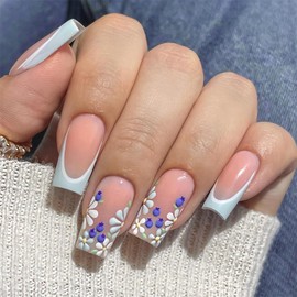 BABLAL Press on Nails for Women Long Square Fake Nails Blue Flowers French Glue on Nail Tips Spring Summer Acrylic Nail Fake Nails Press 24 Pcs Coquette Squoval Manicure Artificial Nails Supplies Diy