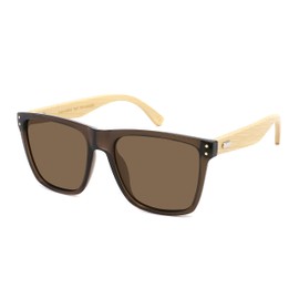 Edge I-Wear Designer Square Bamboo Summer Sunglasses with Trendy Oversized Super Dark Lenses Women Men (Clear Brown & Bamboo, Brown)