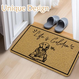 Qnhij Funny Golden Retriever Welcome Mats for Front Door, Dog Door Mat, Life is Golden Humorous Doormat for Porch Outside Inside Outdoor Indoor Entrance, Dog Bath Rug, 17x30 Inches