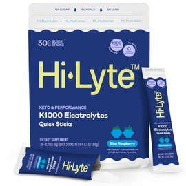 Hi-Lyte K1000 Electrolytes Sticks Frambuesa Azul Keto y Rendimiento, 30 Porciones - 1000 mg de Potasio  Magnesio, Sodio, Minerales Traza - 0...       