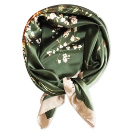 vabovin 35” Silk Scarfs for Women, Satin Head Scarf Neck Scarf Bandana Large Square Headscarf for Hair Wrapping at Night (Floral Dark Green)