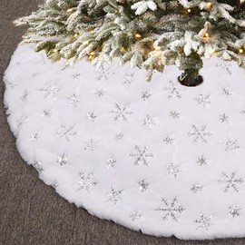 Christmas Tree Skirt White Fur,Christmas Decorations 37.5 Inch Silver Snowflake Faux Fur Luxury Party Holiday Xmax Tree Skirts Mat For Home Indoor Outdoor Decorations(D Type,90CM)