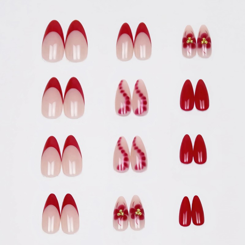 Jremg Pink Flower Press on Nails Medium Almond Fake Nails