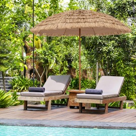 Tangkula 8Ft Tiki Patio Umbrella, UPF50+ Hawaiian Style Outdoor PE Grass Umbrella with 8 Ribs, Portable Thatched Beach Umbrella for Garden, Yard, Poolside