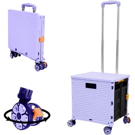 Quick Utility Cart Folding Portable Rolling Crate Handcart with Durable Heavy Duty Plastic Telescoping Handle Collapsible 4 Rotate Wheels for Travel Shopping Moving Luggage Office Use (Purple)