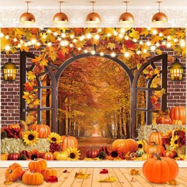 Fall Window Backdrop Autumn Harvest Pumpkins Maple Leaves Fall Forest Scene Brick Wall Window Photography Background Thanksgiving Family Party Decorations Supplies Photo Booth Props 7x5FT