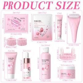 Sakura Face Care Set Girls with Cleanser, Toner, Serum, Eye Serum, Cream, Lip Mask, Face Roller, Rabbit Headband, Pamper Gift Set, Women, Teenagers, Pack of 12
