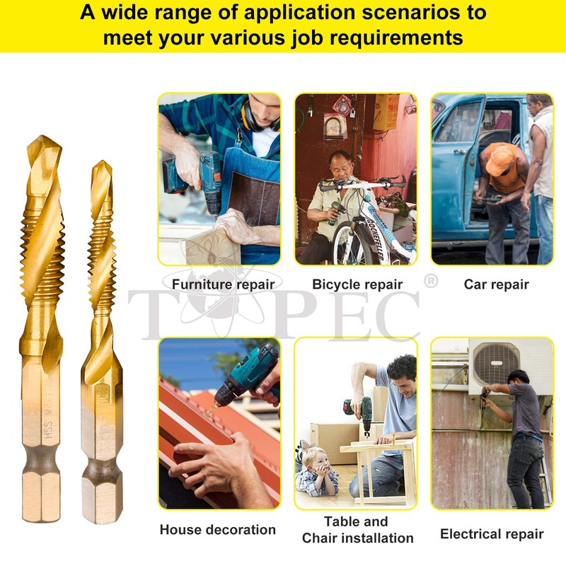 TOPEC Tap Bit Set, 3-in-1 HSS Titanium Coated Combination Drill