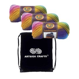 Lion Brand Landscapes Boardwalk 545-201 (3-Skeins - Same Dye Lot) Worsted Medium #4 Acrylic Yarn for Crocheting and Knitting - Bundle with 1 Artsiga Crafts Project Bag