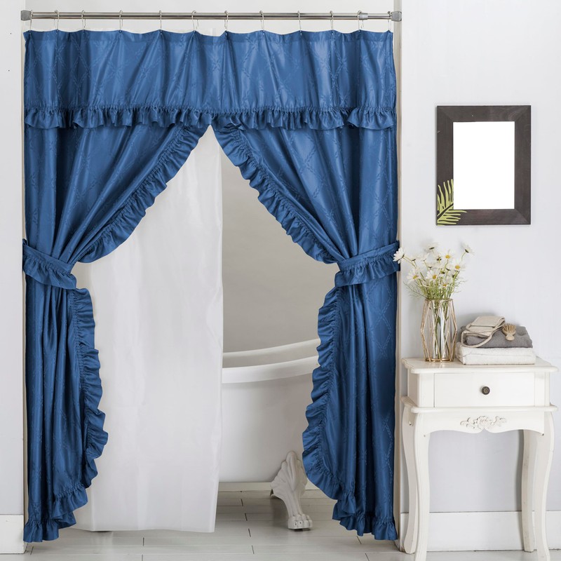 Castle Selection Double Swag Ruffled Fabric Shower Curtain Set, Intersected