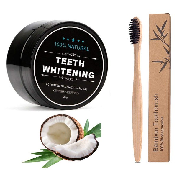 Teeth Whitening Charcoal Powder with Bamboo Toothbrush, Organic Coconut Activated Charcoal Teeth Whitening Powder, No Hurt on Enamel or Gums | Yanfider