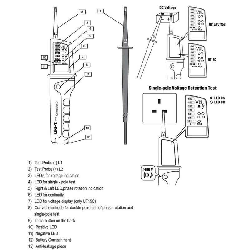UT15C Voltage Continuity Tester, Handheld Waterproof Digital Voltage Tester 12V~690V