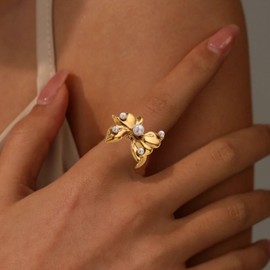 Gold Bow Ring for Women Dainty Pearl Ribbon Bow Ring Adjustable Bowknot Open Statement Ring Hypoallergenic Trendy Jewelry Gifts for Women (A.)