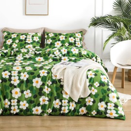 YuHeGuoJi Watercolor Floral Duvet Cover King 100% Cotton Sage Green Plant Duvet Cover 3 Pcs Set 1 Cartoon White Flower Duvet Cover with Zipper Ties 2 Pillowcases Garden Botanical Bedding Set
