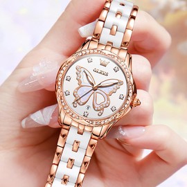 OLEVS Watches for Women Diamond Fashion Luxury Dress Rose Gold Ceramic Ladies Wrist Watches Two Tone Stainless Steel Waterproof Date