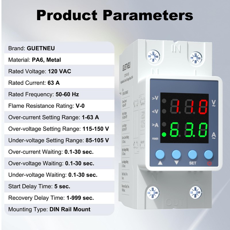 Multifunctional Over/Under Voltage Protector, 120VAC 63A, Current & Voltage Adjustable