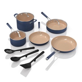 Ninja Ninja Ceramic Cookware Set, Extended Life 11-Piece Kitchen Cookware Sets with Comfort Grip, Nonstick Fry Pans, Pots, PTFE Free, Oven & Dishwasher Safe, Stovetop Compatible, Navy Blue, CW49011