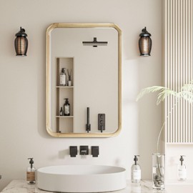 osemy 24"x 16" Wood Wall Mirror, Rounded Corner Wood Frame Natural Wood Vanity Mirror for Wall, Decorative Wooden Bathroom Bedroom Livingroom Entryway