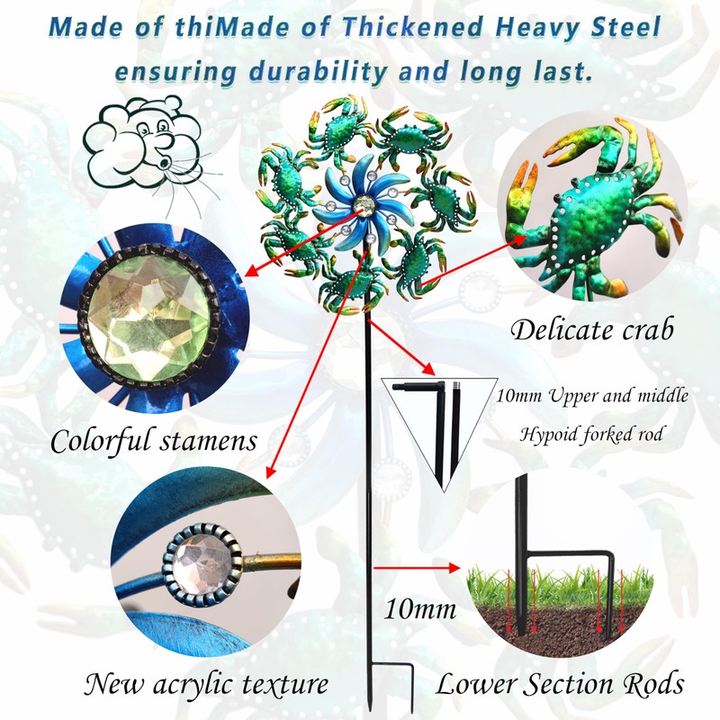 39" Crab Wind Spinners Metal Windmill Garden Stake,Ocean Theme Outdoor