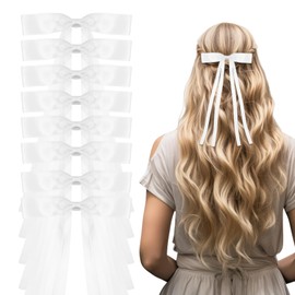 8 PCS Silky Satin Hair Bows Clips, Ribbon White Hair Bows Clips Hair Bowknot with Long Tail, Metal Clips White Bow for Hair Barrettes French Hair Accessories for Women Girls Toddlers Teens Kids