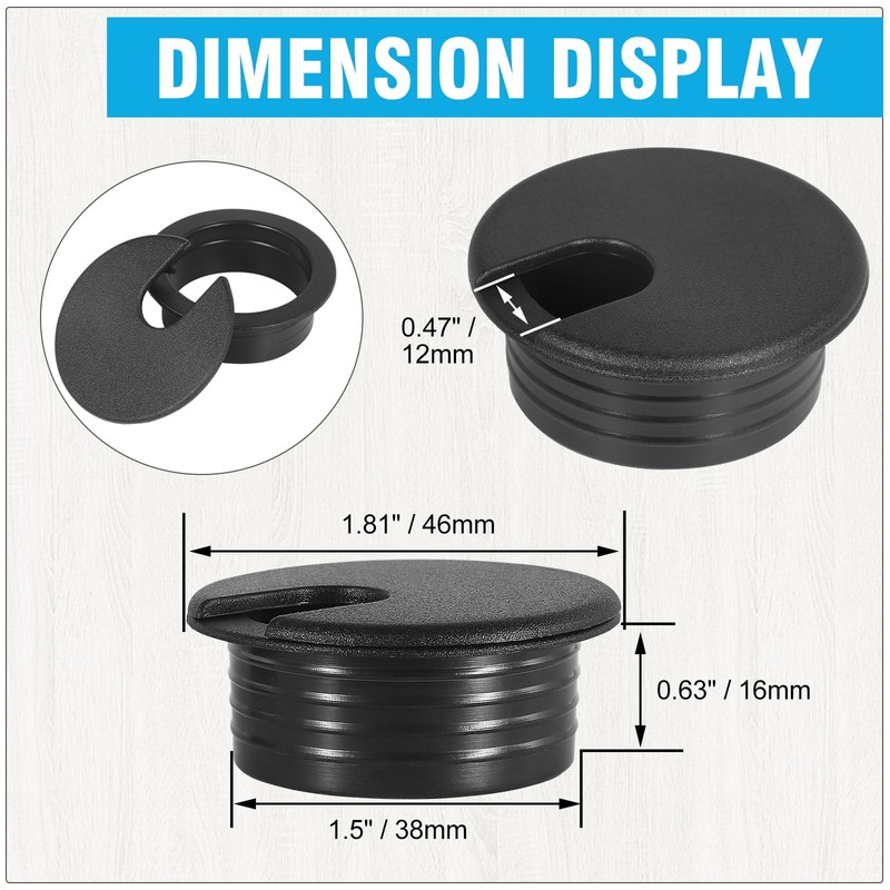 1-1/2" Black Desk Grommet, JTemgle Plastic Cable Hole Cover Computer