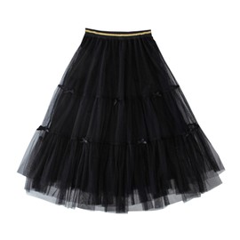 Kids Girl Pleated Elastic High Waist Tulle Skirt A-Line Boho Swing Maxi Long Skirt 130 Bow Black 6-7 Years
