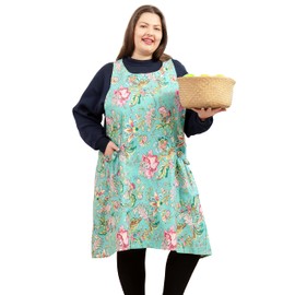 Big Plus Size Aprons for Women with Pockets Cotton Linen Baking Kitchen Cooking Noble Flower