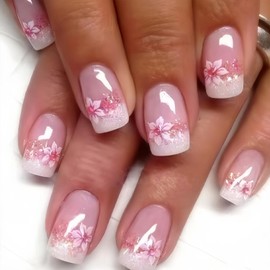 Pink Floral Press on Nails Medium Square French Tip Fake Nails with Flower Designs Glossy Acrylic Nails Summer Glue on Nails White Glitter Cherry Blossom Full Cover Nude False Nails for Women 24Pcs