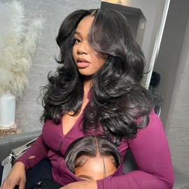 Tunfine Curtain Bangs 6x6 Glueless Wig Human Hair 200 Density Layered Loose Body Wave Lace Front Wigs Pre Plucked Pre Cut Ready to Wear Wigs Natural Black Human Hair Wig For Black Women 16 Inch