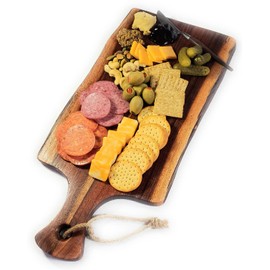 Acacia Charcuterie Board with Natural Live Edge & Handle - Wood Cheese Board - Decorative Wooden Serving & Cutting Board - Housewarming, Mothers Day, New Home & Wedding Gifts (18” x 8”)