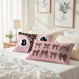 GTYNU Trendy Funky Pink Cheetah Coquette Bow Y2K 8 Ball Pillow Covers 18x18 Set of 2,Pink Cheetah Throw Pillow Covers for Couch Sofa Bed Home Room Decor,Leopard Decor
