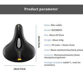 ROCKBROS Bicycle Saddle Comfortable Gel Saddle Men Women Ergonomic Wide Bicycle Seat Soft Memory Foam MTB Road Bike 26 x 22 cm Breathable Waterproof