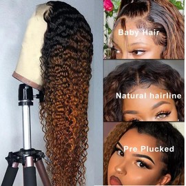 Weeybay 4x4 Curly Lace Front Wigs 1B/30 Black Root Light Brown Human Hair Wig 8A Glueless Baby Hair Ombre Brown Color for Women 18 Inch