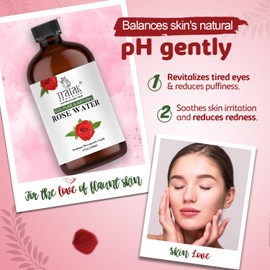 Rose Water 4 fl oz (118 ml) Organic Refreshing Rose Water Spray for Face & Skin Hydration, Pure Rosewater for Hair & Makeup Setting Spray, Reduce Eye Puffiness, Dark Circles & Redness, Huge 4 oz