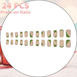 24Pcs St. Patrick's Day French Tip Press on Nails Medium Square Fake Nails with Shamrock Lucky Clover Design Glossy False Nails St. Patrick's Day Nails Acrylic Nails Full Cover Glue on Nails for Women
