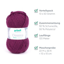 Gründl Classico Wool, Oeko-Tex® Certified Knitting Yarn Made From 50% Virgin Wool (Merino) and 50% Polyacrylic, 50 g/120 m, Needle Size: 3.5 - 4.5, 10 Balls of 50 g, Burgundy